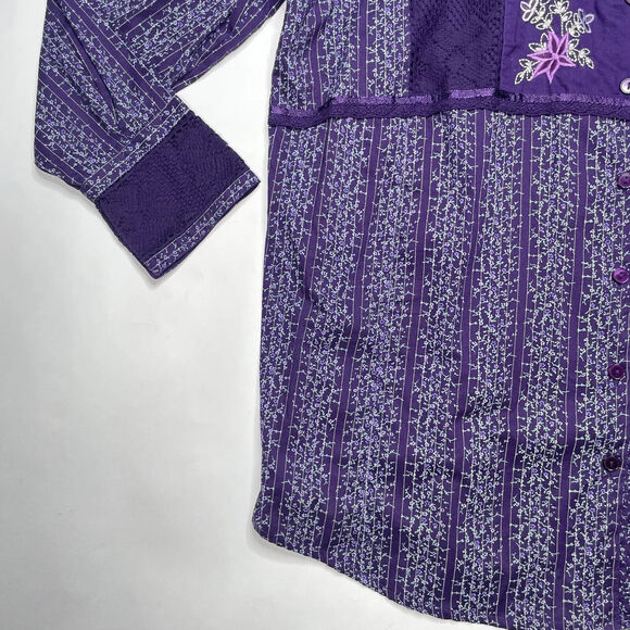 Vtg Mainstreet Blues Embroidered Purple Cotton Blend Button Blouse Size L Lace - Picture 7 of 9